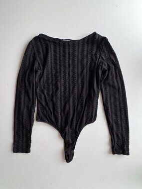 Vintage COSABELLA Black Velvet Embossed Long Sleeve Thong Bodysuit, Size L